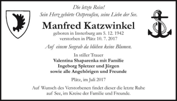 Traueranzeige von Manfred Katzwinkel  von Magdeburger Volksstimme