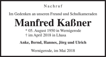 Traueranzeige von Manfred Kaßner  von Magdeburger Volksstimme