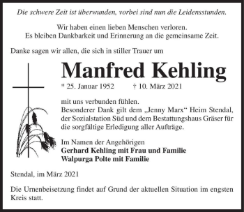 Traueranzeige von Manfred Kehling  von Magdeburger Volksstimme