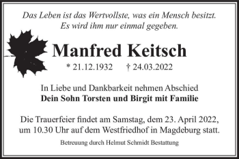 Traueranzeige von Manfred Keitsch  von Magdeburger Volksstimme