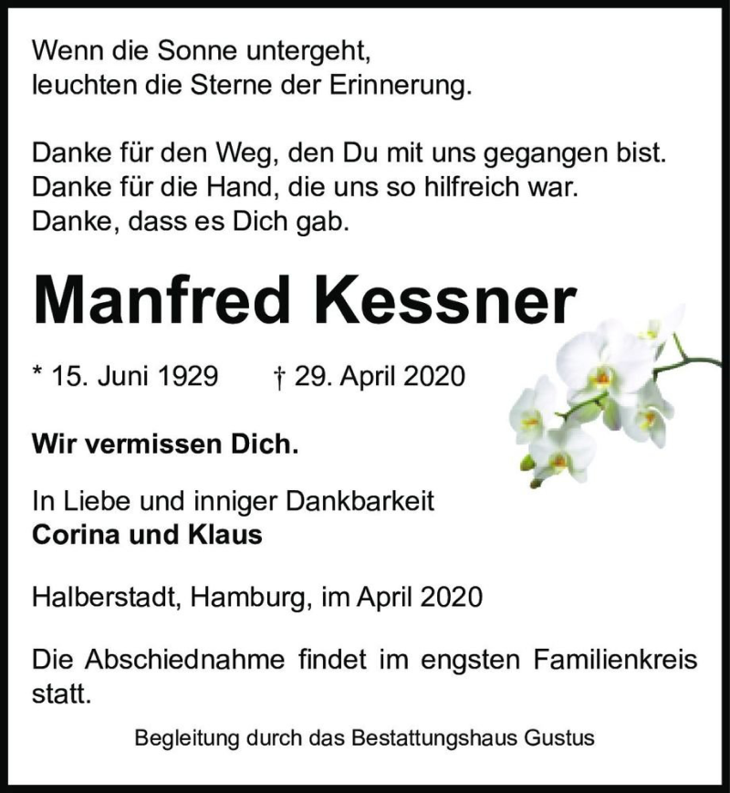  Traueranzeige für Manfred Kessner  vom 09.05.2020 aus Magdeburger Volksstimme