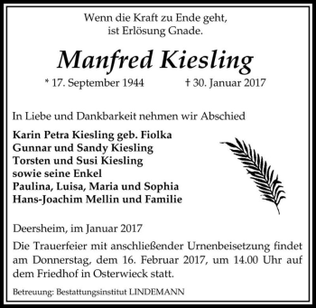 Traueranzeige von Manfred Kiesling  von Magdeburger Volksstimme