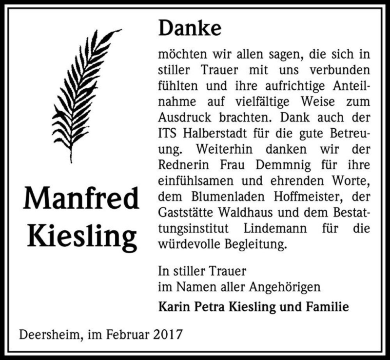  Traueranzeige für Manfred Kiesling  vom 25.02.2017 aus Magdeburger Volksstimme