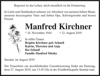 Traueranzeige von Manfred Kirchner  von Magdeburger Volksstimme