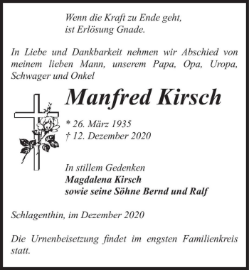 Traueranzeige von Manfred Kirsch  von Magdeburger Volksstimme