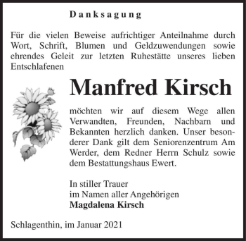 Traueranzeige von Manfred Kirsch  von Magdeburger Volksstimme