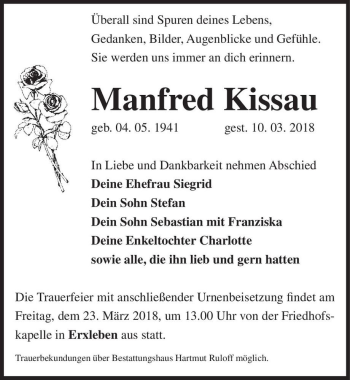 Traueranzeige von Manfred Kissau  von Magdeburger Volksstimme