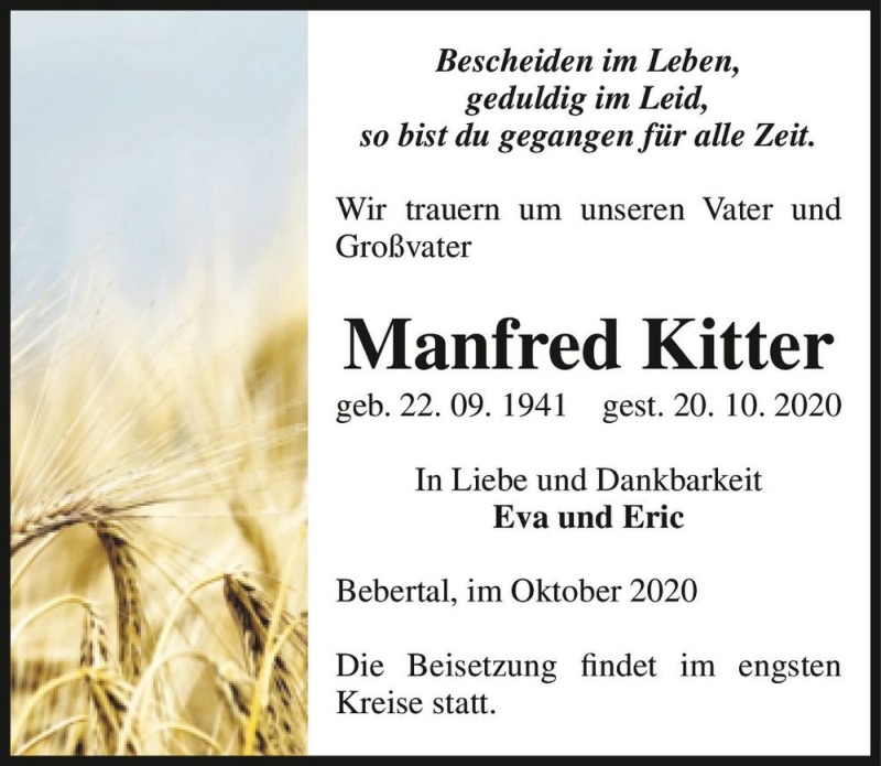  Traueranzeige für Manfred Kitter  vom 24.10.2020 aus Magdeburger Volksstimme