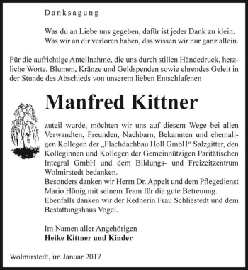 Traueranzeige von Manfred Kittner  von Magdeburger Volksstimme