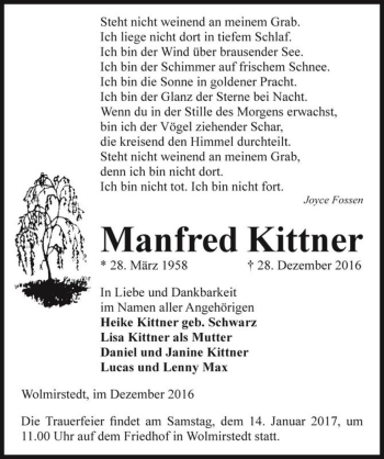 Traueranzeige von Manfred Kittner  von Magdeburger Volksstimme