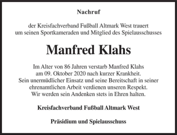 Traueranzeige von Manfred Klahs  von Magdeburger Volksstimme