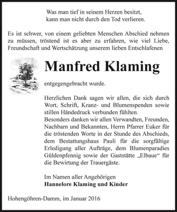 Traueranzeige von Manfred Klaming  von Magdeburger Volksstimme