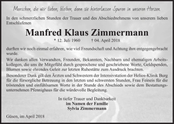 Traueranzeige von Manfred Klaus Zimmermann  von Magdeburger Volksstimme