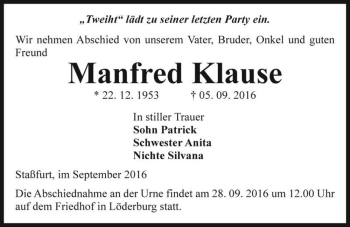 Traueranzeige von Manfred Klause  von Magdeburger Volksstimme