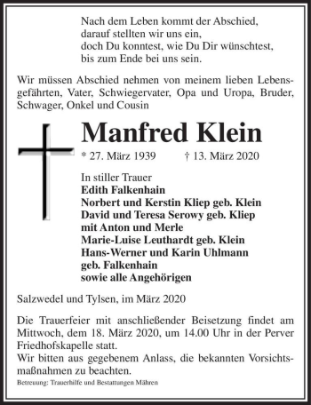Traueranzeige von Manfred Klein  von Magdeburger Volksstimme
