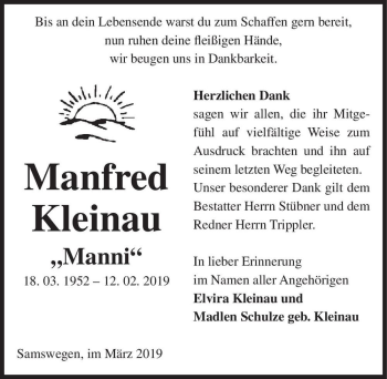 Traueranzeige von Manfred Kleinau ,,Manni