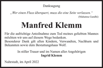 Traueranzeige von Manfred Klemm  von Magdeburger Volksstimme