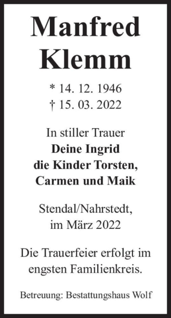 Traueranzeige von Manfred Klemm  von Magdeburger Volksstimme