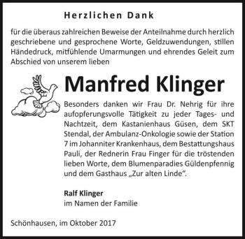 Traueranzeige von Manfred Klinger  von Magdeburger Volksstimme