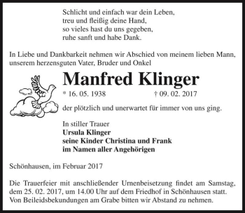 Traueranzeige von Manfred Klinger  von Magdeburger Volksstimme