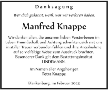 Traueranzeige von Manfred Knappe  von Magdeburger Volksstimme