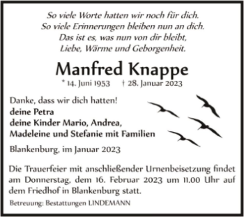 Traueranzeige von Manfred Knappe  von Magdeburger Volksstimme