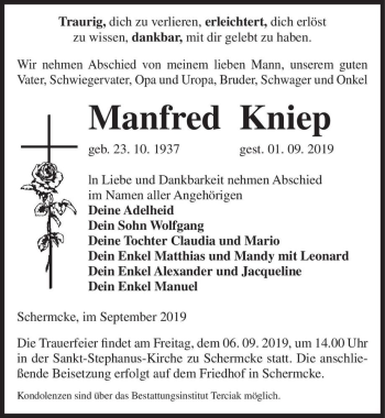 Traueranzeige von Manfred Kniep  von Magdeburger Volksstimme