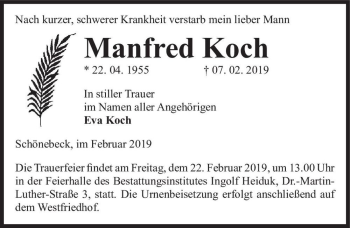 Traueranzeige von Manfred Koch  von Magdeburger Volksstimme