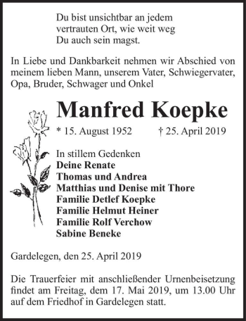 Traueranzeige von Manfred Koepke  von Magdeburger Volksstimme