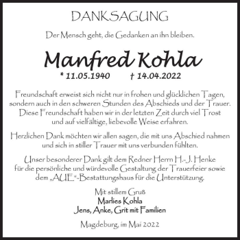 Traueranzeige von Manfred Kohla  von Magdeburger Volksstimme