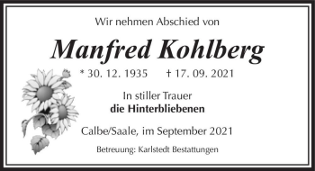 Traueranzeige von Manfred Kohlberg  von Magdeburger Volksstimme