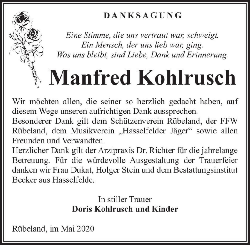  Traueranzeige für Manfred Kohlrusch  vom 23.05.2020 aus Magdeburger Volksstimme