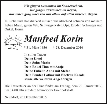 Traueranzeige von Manfred Korin  von Magdeburger Volksstimme