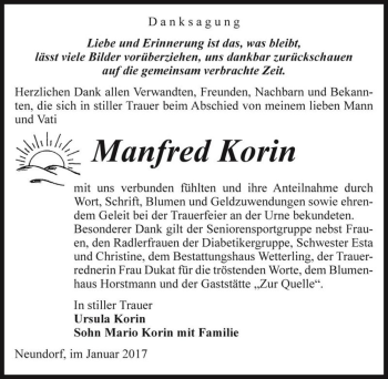 Traueranzeige von Manfred Korin  von Magdeburger Volksstimme