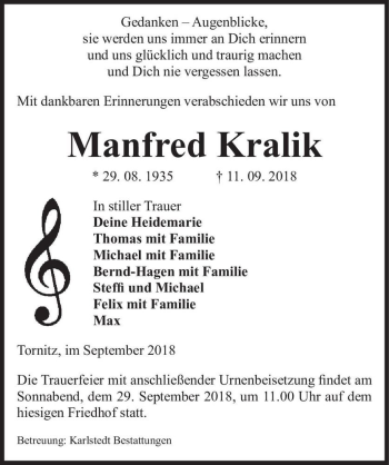 Traueranzeige von Manfred Kralik  von Magdeburger Volksstimme