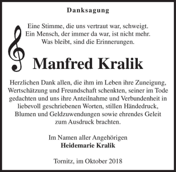 Traueranzeige von Manfred Kralik  von Magdeburger Volksstimme