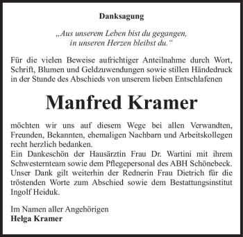 Traueranzeige von Manfred Kramer  von Magdeburger Volksstimme