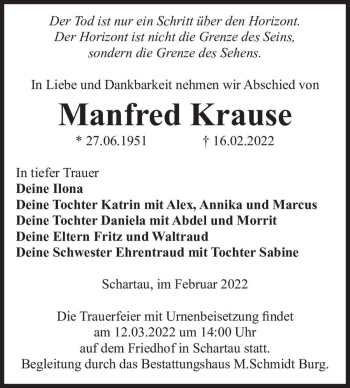 Traueranzeige von Manfred Krause  von Magdeburger Volksstimme