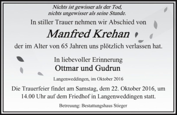 Traueranzeige von Manfred Krehan  von Magdeburger Volksstimme