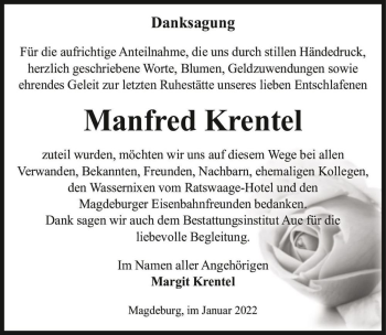 Traueranzeige von Manfred Krentel  von Magdeburger Volksstimme