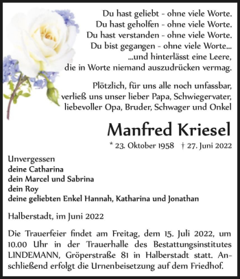 Traueranzeige von Manfred Kriesel  von Magdeburger Volksstimme