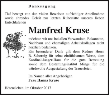 Traueranzeige von Manfred Kruse  von Magdeburger Volksstimme