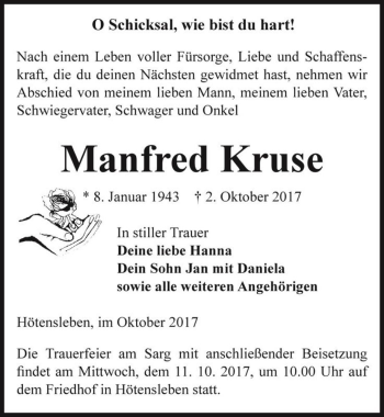 Traueranzeige von Manfred Kruse  von Magdeburger Volksstimme