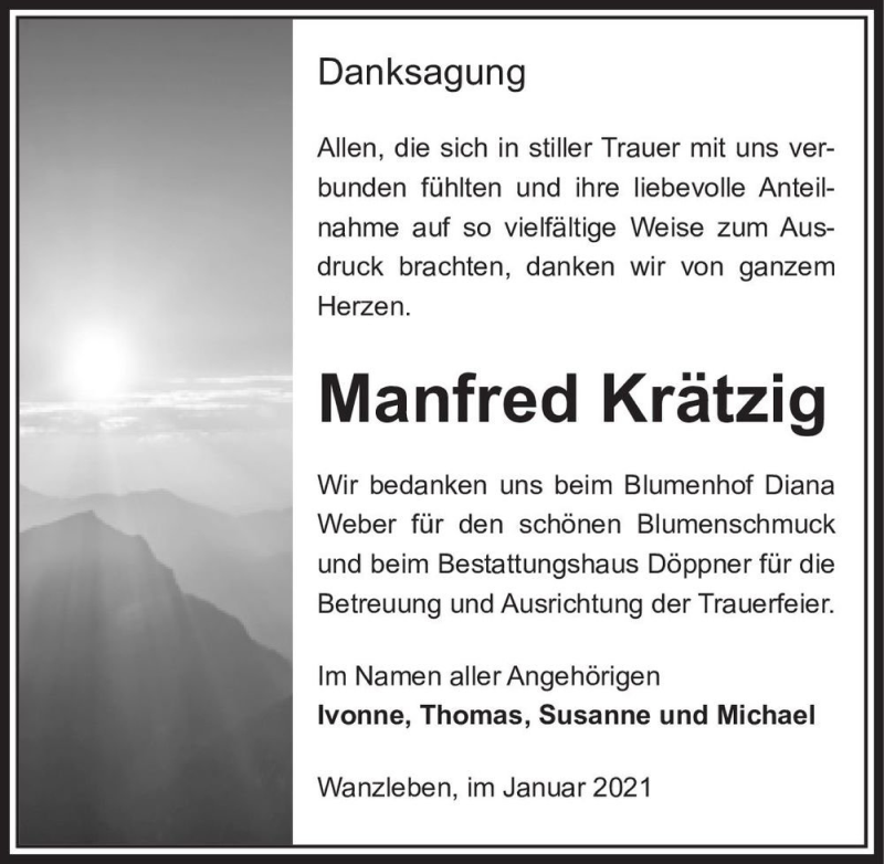  Traueranzeige für Manfred Krätzig  vom 30.01.2021 aus Magdeburger Volksstimme