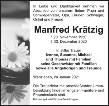 Traueranzeige von Manfred Krätzig  von Magdeburger Volksstimme