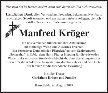 Traueranzeige von Manfred Kröger  von Magdeburger Volksstimme