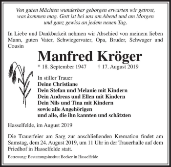 Traueranzeige von Manfred Kröger  von Magdeburger Volksstimme