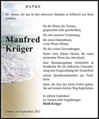 Traueranzeige von Manfred Krüger  von Magdeburger Volksstimme
