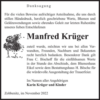 Traueranzeige von Manfred Krüger  von Magdeburger Volksstimme