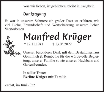 Traueranzeige von Manfred Krüger  von Magdeburger Volksstimme